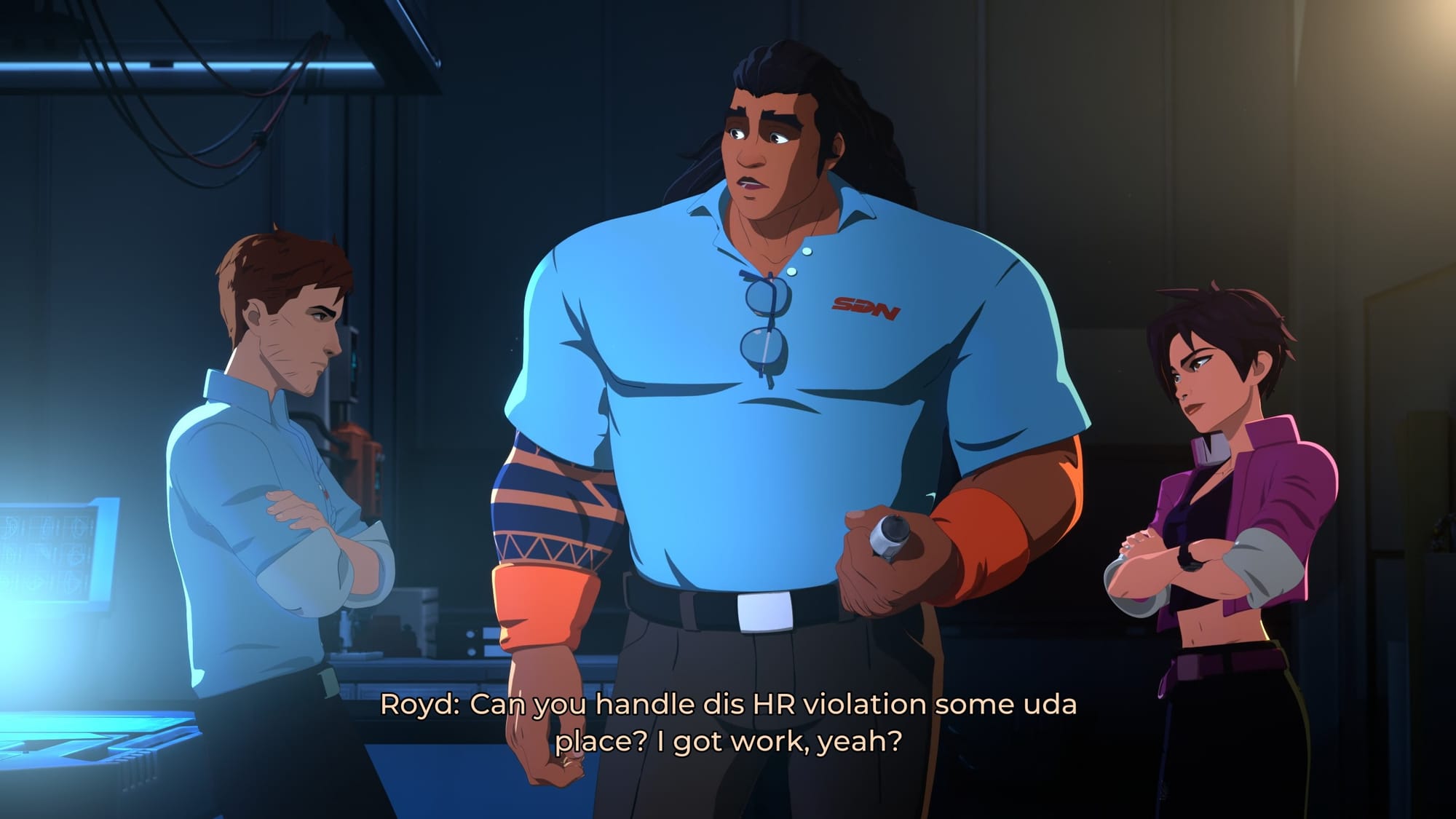 Royd is standing between Robert and Invisigal as she is sexually harassing him.  Royd is captioned correctly identifying this situation is an HR violation and is asking if he can just do his job.