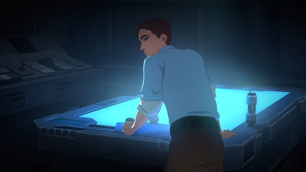 Robert Robertson III, is seen leaning over a table from the perspective of his subordinate, Invisigal, who is sexually objectifying Robert.