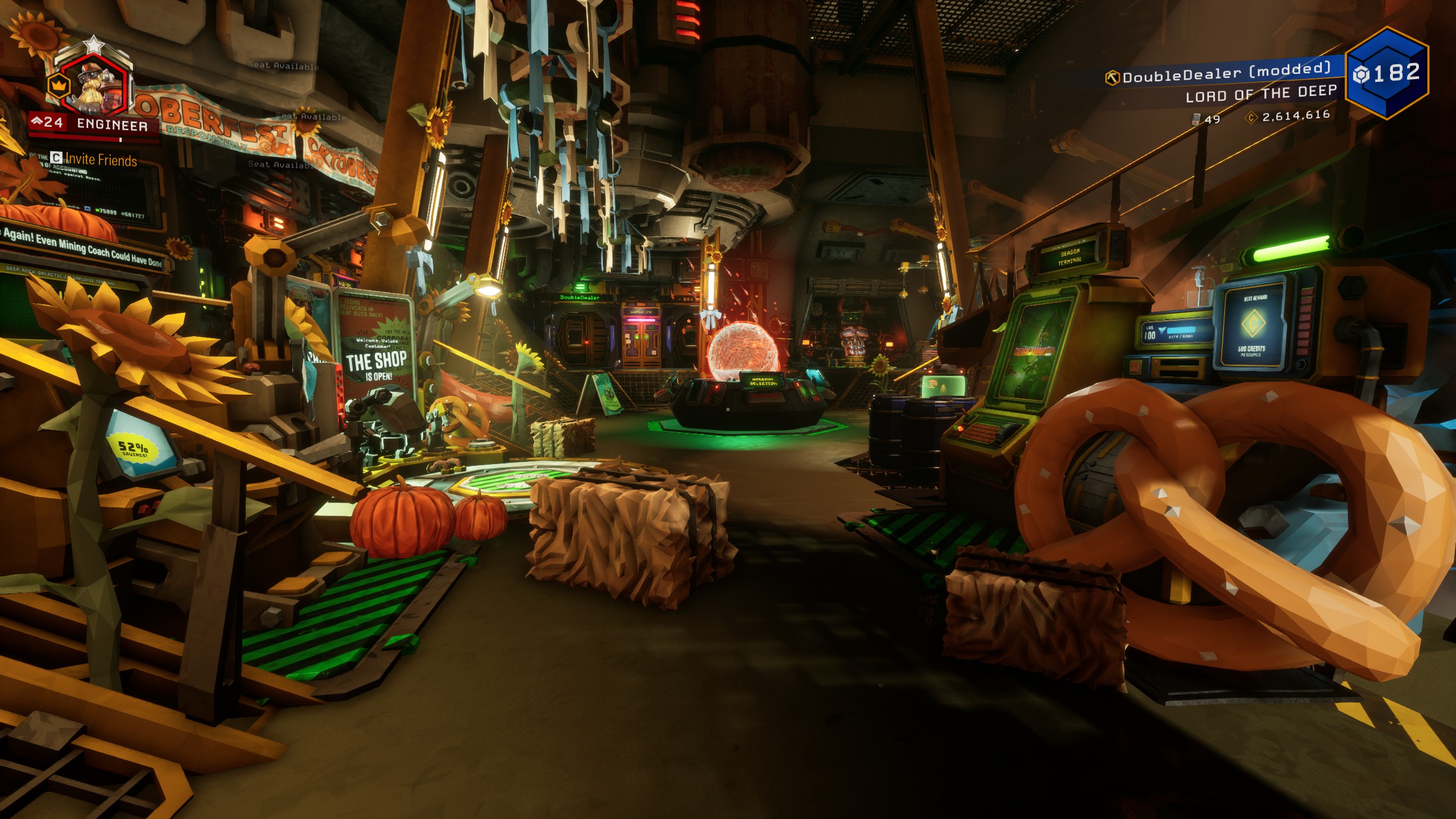 A screenshot of the Oktoberfest decor in Deep Rock Galactic from 2023.