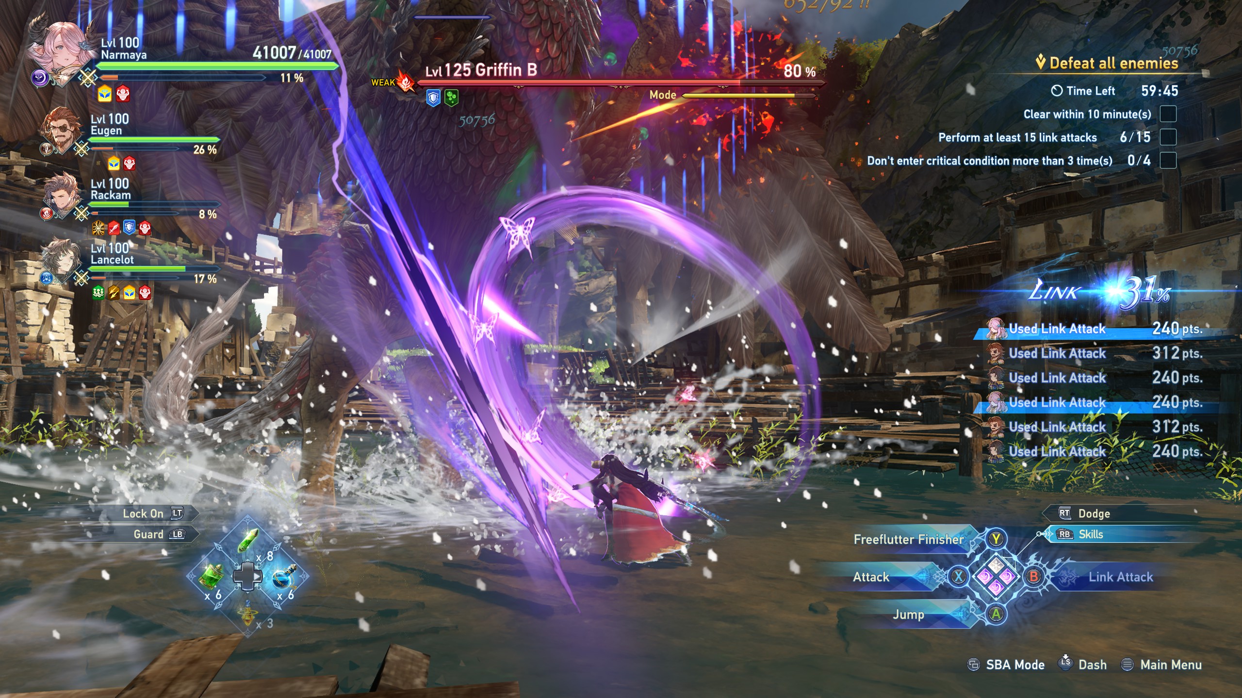 A screenshot from Granblue Fantasy: Relink of Narmaya hitting a griffin with her katana.